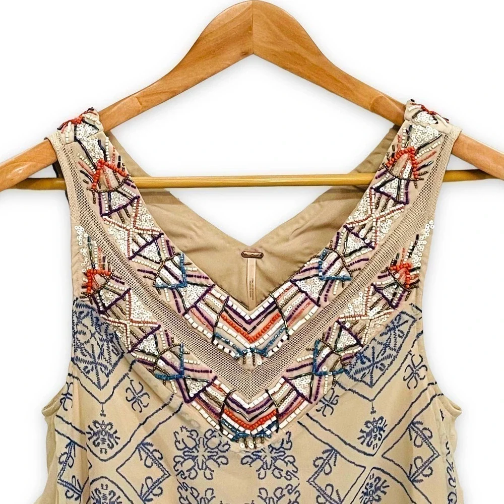 𝅺free People Women's Ancient Mystery Beaded Chiffon Shift Dress Size Small